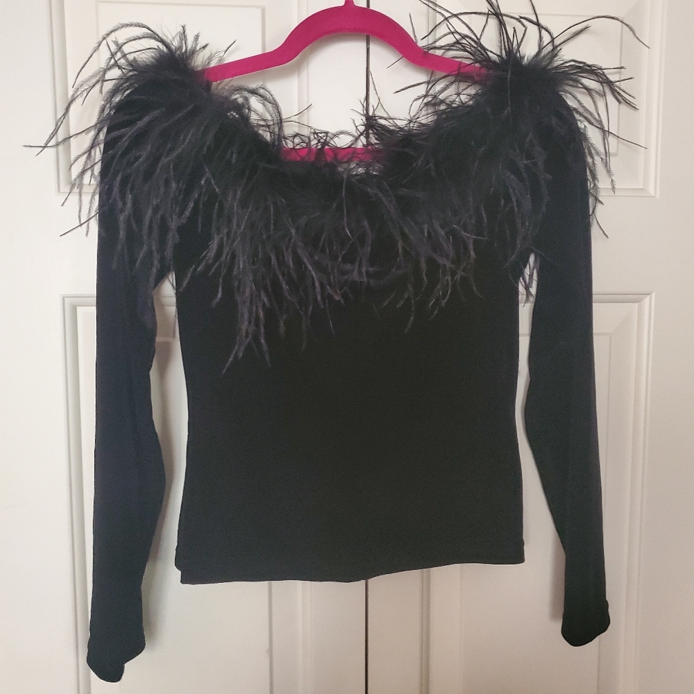 Cachet black velvet and ostrich feather top. Size small.